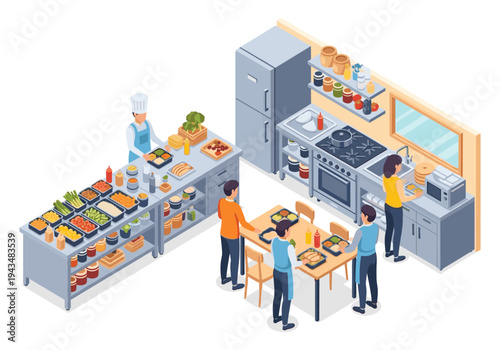 Isometric kitchen scene with chefs preparing food and customers dining at tables