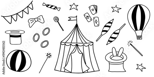 Hand drawn circus elements. Outline drawing line vintage clipart symbol collection. Vector illustration
