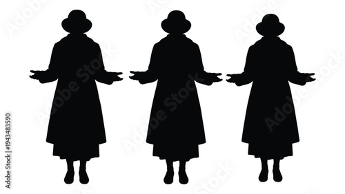 Three women in dresses and hats standing side by side