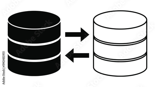 A black and white illustration of two database cylinders syncing