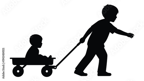 A child pulling another child in a wagon