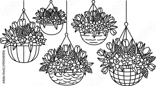 May day hanging baskets with flowers illustration