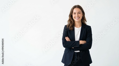 A confident young businesswoman standing with her arms crossed in a professional setting
