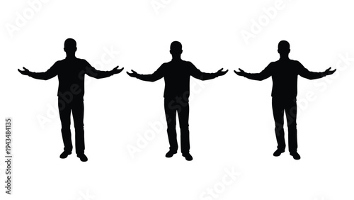 Three black silhouettes of men standing with arms outstretched