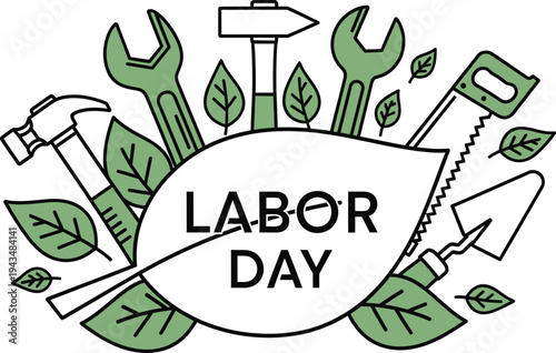 Labor day celebration with tools and green leaves may day