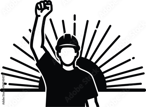 May day protester with raised fist in front of radiant sun