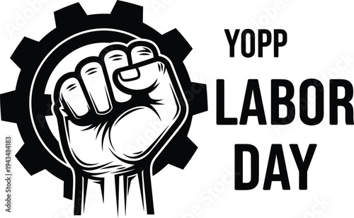 May day labor day celebration with workers rights fist gear symbol