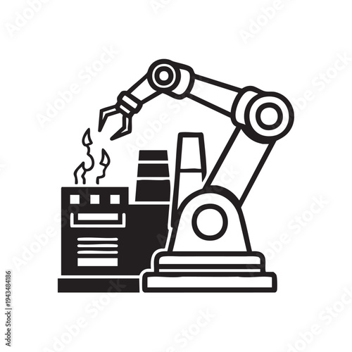 Iconic vector illustration depicting a robotic arm actively working within an industrial factory, symbolizing automation, advanced manufacturing, and technological progress