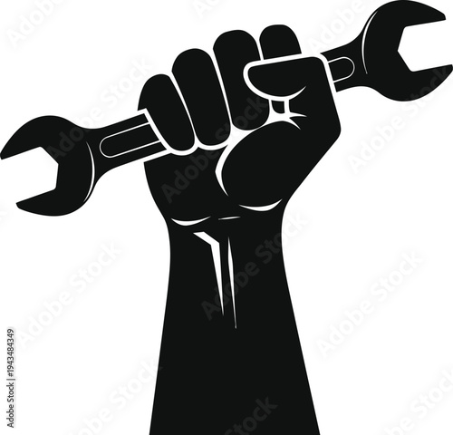 May day labor rights protest symbol raised fist holding wrench