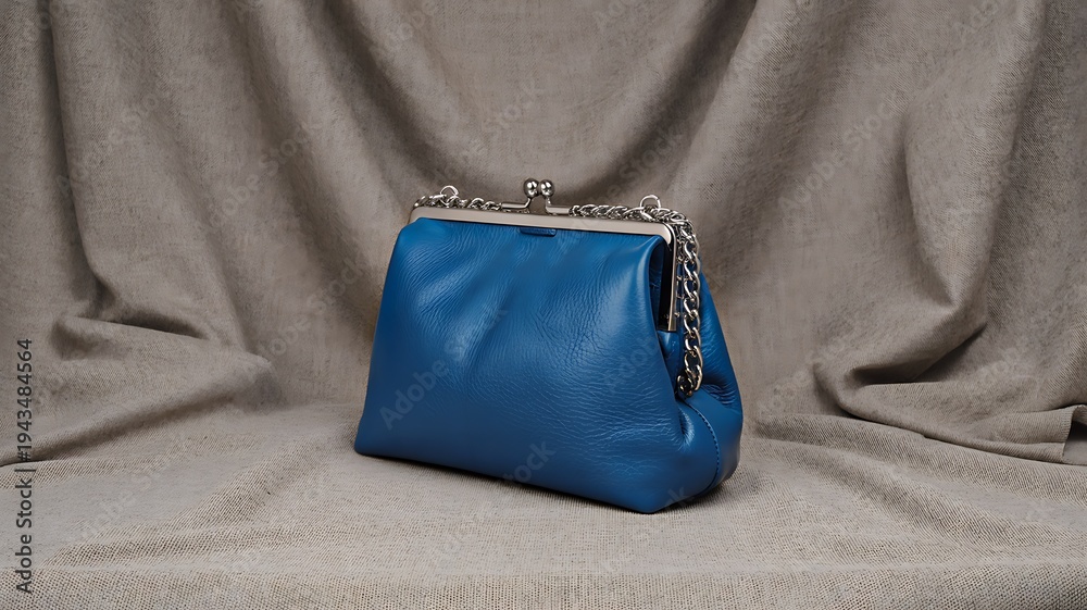 Naklejka premium Elegant blue leather handbag with metal clasp on fabric background fashion accessory concept