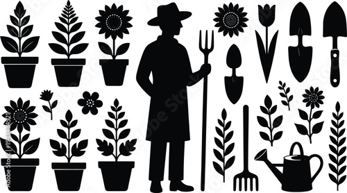 Collection of Professional Gardener Silhouettes Featuring a Male Farmer with Pitchfork Potted Plants Flowers Watering Can and Hand Tools for Agriculture and Landscaping Design Elements