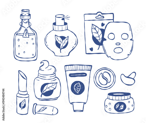 Cosmetic and Skincare Set. Blue Line Art Bottles, Jars, Perfume, Cream, Oil, Tube, Lipstick, and Face Mask, Beauty Accessories. Isolated hand-drawn Doodle. Vector Illustration