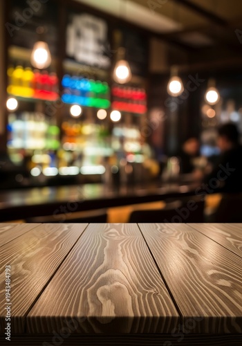 Wallpaper Mural Wooden Tabletop in a Blurred Bar Setting - Perfect for Product Mockups. Torontodigital.ca