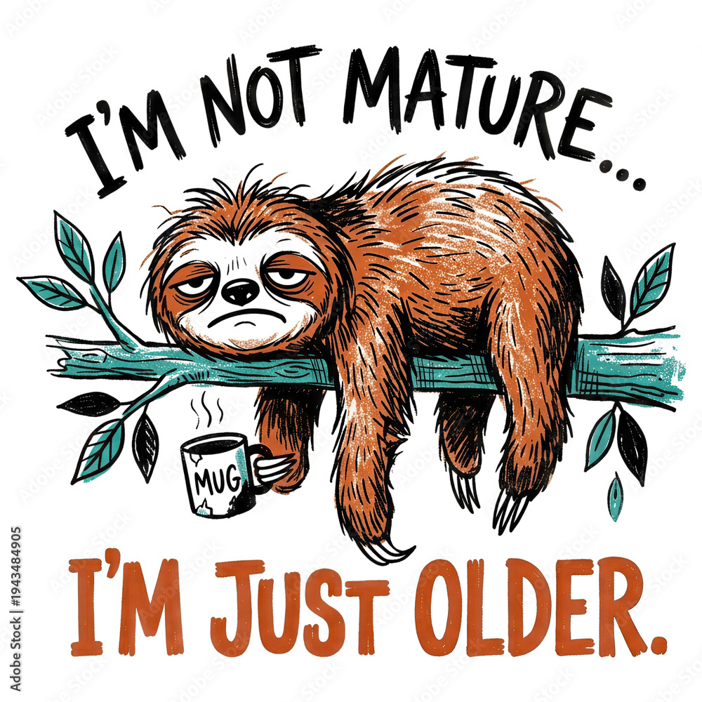 Obraz premium Humorous illustration of a sleepy sloth lounging on a tree branch holding a coffee mug with the slogan 