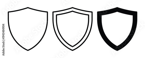 Set of three shield icon designs, outline and bold vector illustration for protection and security concepts