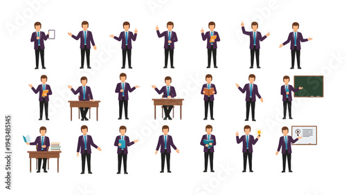 Educational Set: A comprehensive collection of animated figures of a teacher demonstrating various activities. A valuable resource for education and design.