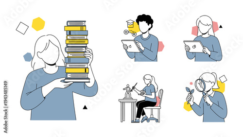 Education and Science Icon Set: A modern illustration presents various educational and scientific activities. From reading books to using technology, studying biology, and observing nature.