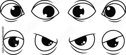 A collection of cartoon eye expressions set in black and white vector silhouette style featuring various emotions like angry surprised tired and curious looks.