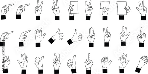 A comprehensive vector collection of hand gestures in black and white line art featuring pointing thumbs up peace signs and hands holding paper sheets.