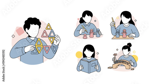 Crafting & Reading: Depicting a series of illustrations of individuals engaged in creative hobbies and enjoying moments of focused reading.