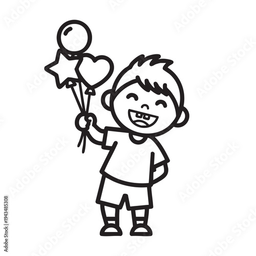 A smiling child happily holds colorful balloons in an outdoor setting.