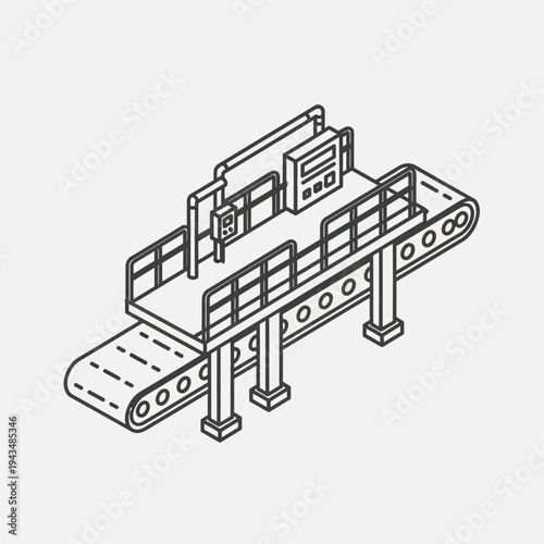 Isometric line art illustration of an industrial conveyor belt system with control panel and railings, depicting automation and production processes.