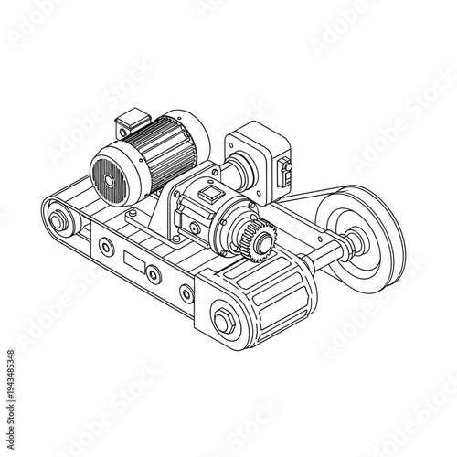 Technical drawing of an industrial conveyor belt drive system with motor and gearbox components.