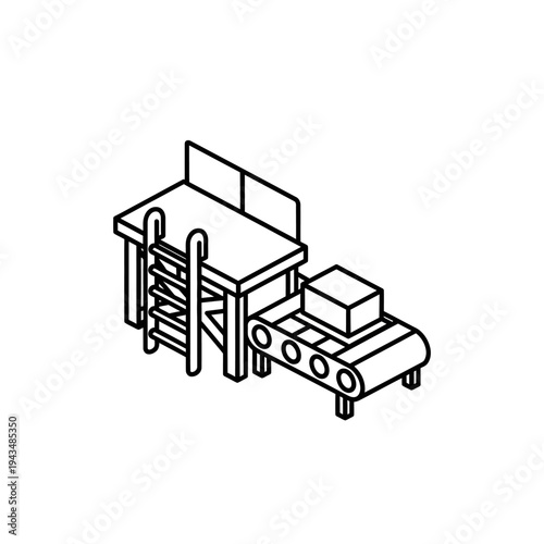 Isometric line art drawing of a factory production line with a conveyor belt and a box.