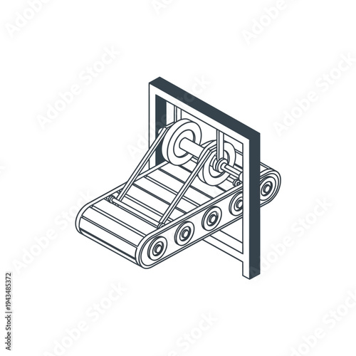 Isometric line drawing of a conveyor belt mechanism with gears and rollers, representing industrial automation and production.
