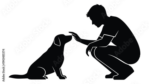 Man crouching down to pet a sitting dog