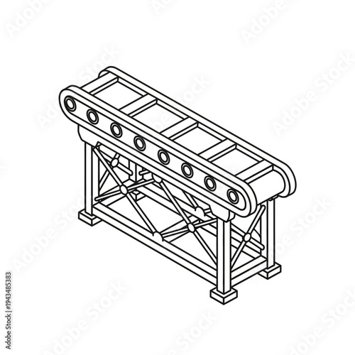 Isometric line drawing of an industrial conveyor belt system with rollers and a supporting frame, used for material handling and automation.