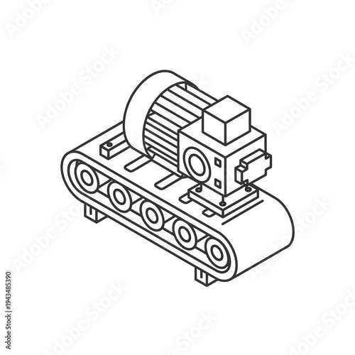 Isometric line art drawing of an industrial conveyor belt system with a motor, representing manufacturing and production machinery.