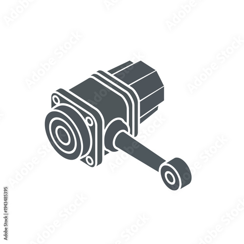 Isometric vector icon of a mechanical gear reducer or motor with an output shaft, representing industrial machinery components.