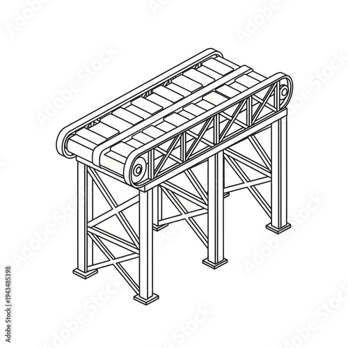 Isometric line drawing of an industrial conveyor belt system for material handling.