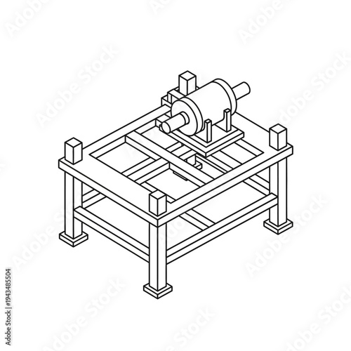 Isometric line drawing of a simple industrial machine with a cylindrical component mounted on a sturdy frame.