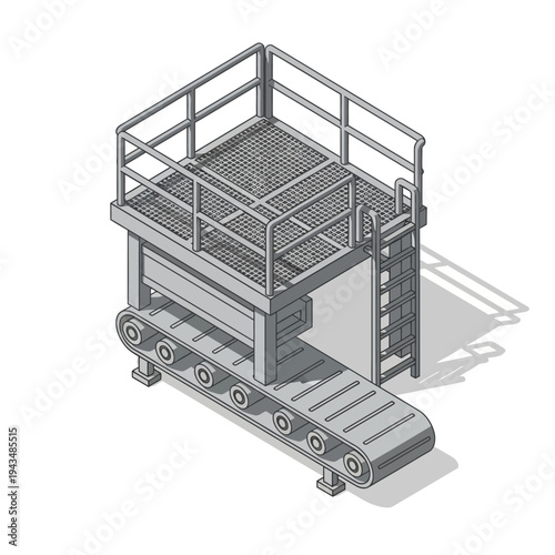 Isometric illustration of an industrial conveyor belt system with a raised platform, safety railings, and a ladder, on a white background.