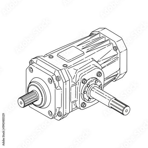 Isometric line drawing of a mechanical gearbox with input and output shafts, used in industrial machinery.