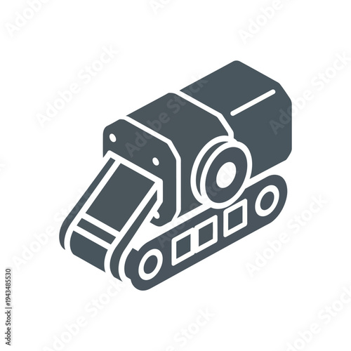 Isometric icon of a dark grey industrial conveyor belt machine with track treads on a white background.