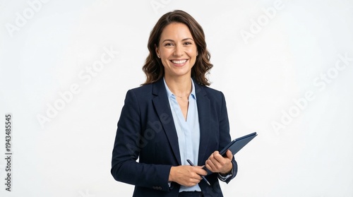 A confident businesswoman holding a tablet and smiling in a professional setting