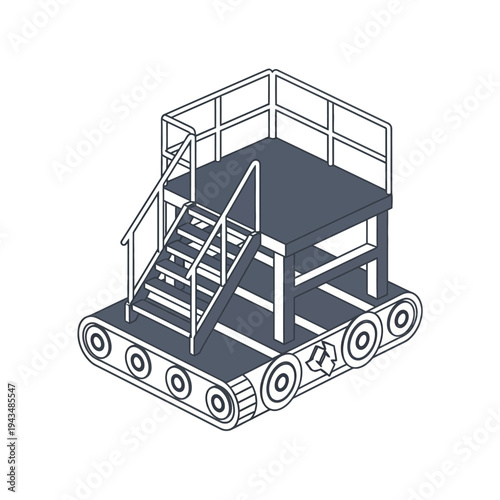 Isometric line drawing of a mobile industrial platform with stairs and railings on a tracked base.
