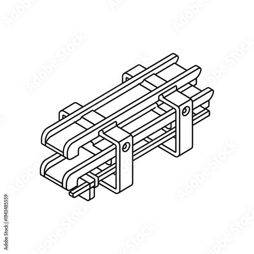 Isometric line drawing of a multi-track connector component, possibly for electrical or mechanical systems, showing parallel rails and supporting structures.