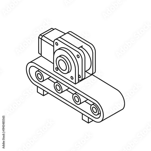 Isometric line drawing of a small industrial conveyor belt system with a motor and rollers, used for material handling.