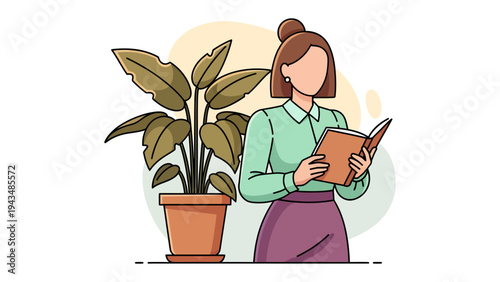 Serene Reading: A person, absorbed in a book, finds solace alongside a potted plant. A moment of quiet reflection, emphasizing the comfort of reading and the tranquility of indoor nature.