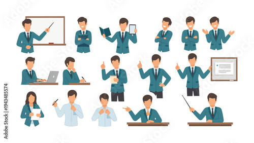 Versatile Business Set: A collection of various poses and expressions from professionals in the business field, showing diverse actions suitable for presentations and projects.