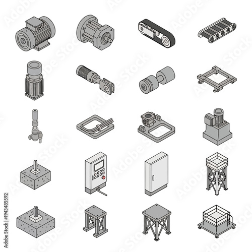 Isometric line art icons of industrial machinery and manufacturing equipment components and structural elements.