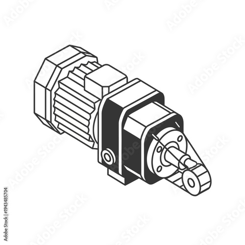 Isometric line drawing of a geared motor assembly with an electric motor connected to a gearbox and an output shaft.
