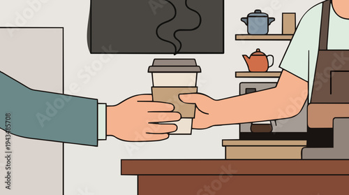 Barista hands a hot coffee cup to a customer in a cafe with steam rising from the beverage and a warm cozy atmosphere with shelves stocked with kitchenware behind the counter