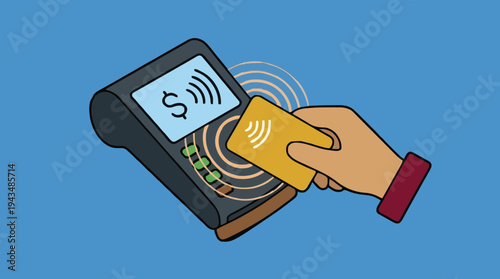 Hand holding golden card near payment terminal with dollar sign on screen and wireless signal waves on blue background
