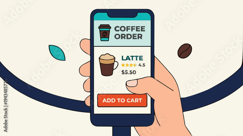 Hand holding smartphone displaying coffee order app with latte details and add to cart button in minimalist flat design style