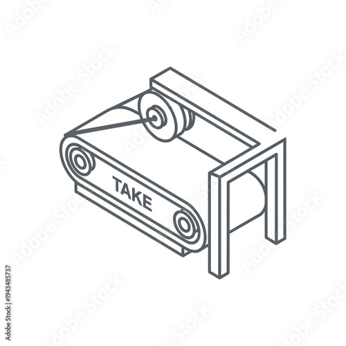 Isometric line art illustration of a conveyor belt system with a roll of material and the word TAKE, depicting an industrial process.